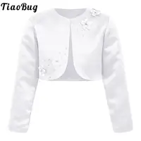 Kids Girls Satin Bolero Jackets Rhinestone Flower Elegant Cardigan Long Sleeve Open Front Shrug Cape Wedding Party Dress Outwear 1