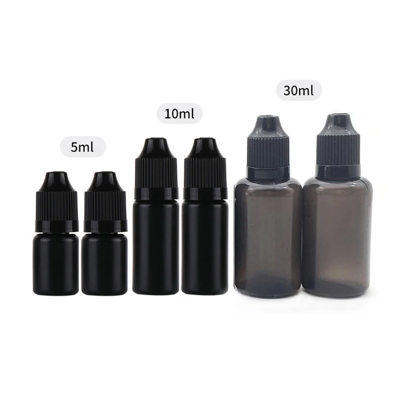 

100Pcs 5ML 10ML 15ML 30ML Black PE Plastic Dropper Bottle Empty E Liquid Squeeze Vials With Childproof Cap And Fine Tips