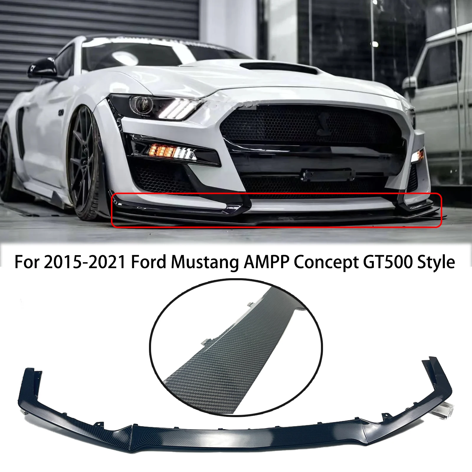 

Replacement For 2015-2021 Ford Mustang GT500 Style Modified With GT500 AMMP Concepts Front Bumper Lip Matte Glossy Black