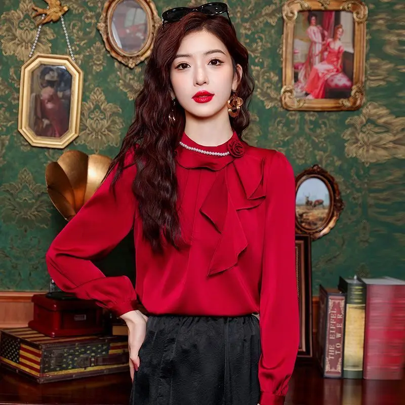 Solid Blouses Office Lady Spring Autumn Interior Lapping Long