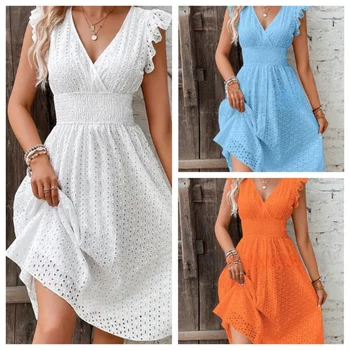 Elegante abito slim con scollo a V e maniche a foglia di loto, moda donna, estate