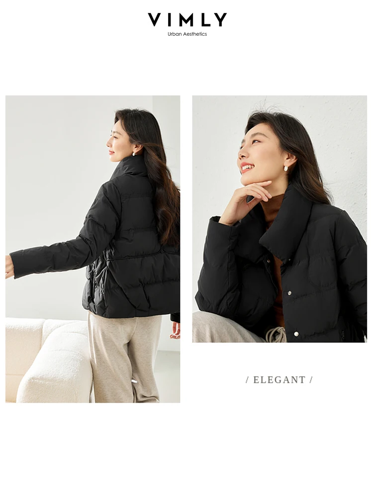 Vimly Women's Lightweight Down Jacket Black Cropped Jackets 2023 Winter New Warm Long Sleeve Coat for Woman Female Clothes 50580