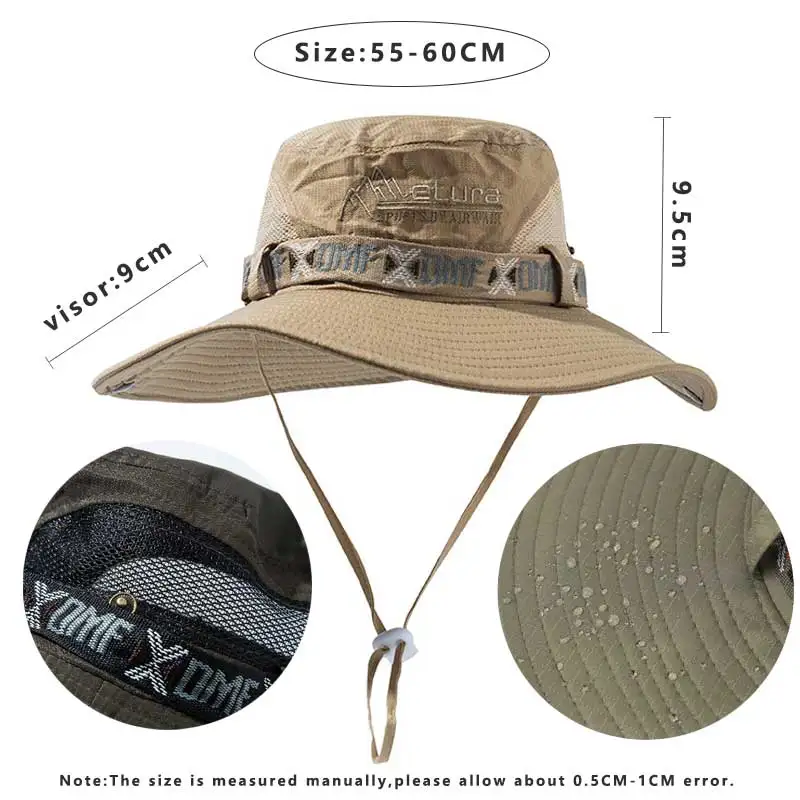 Summer Men Bucket Hat Outdoor UV Protection Wide Brim Panama Safari Hunting  Hiking Hat Mesh Fisherman Hat Beach Sunscreen Cap