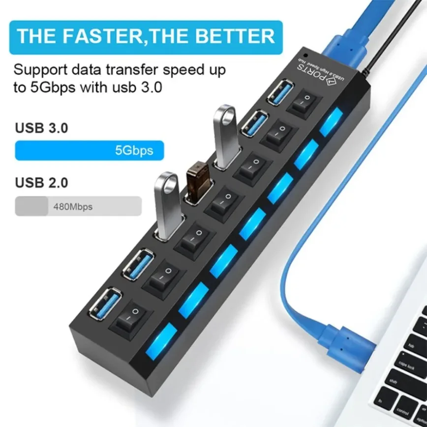 High-Speed 7-Port USB 3.0 Hub with Individual Power Switches and LED Indicators