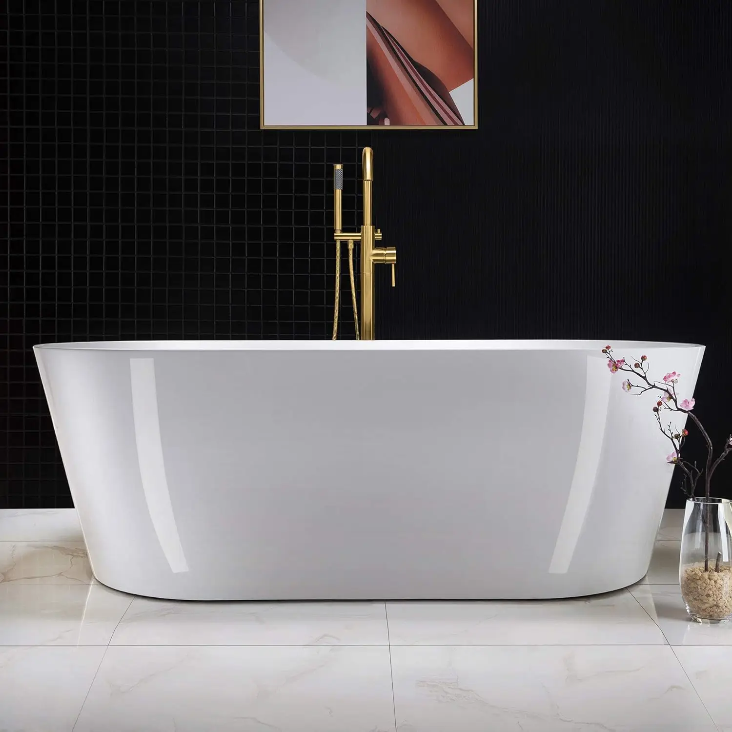 Acrylic Freestanding Bathtub Contemporary Soaking White Tub with Brushed Gold Overflow and Drain Easy to clean bathtub 4