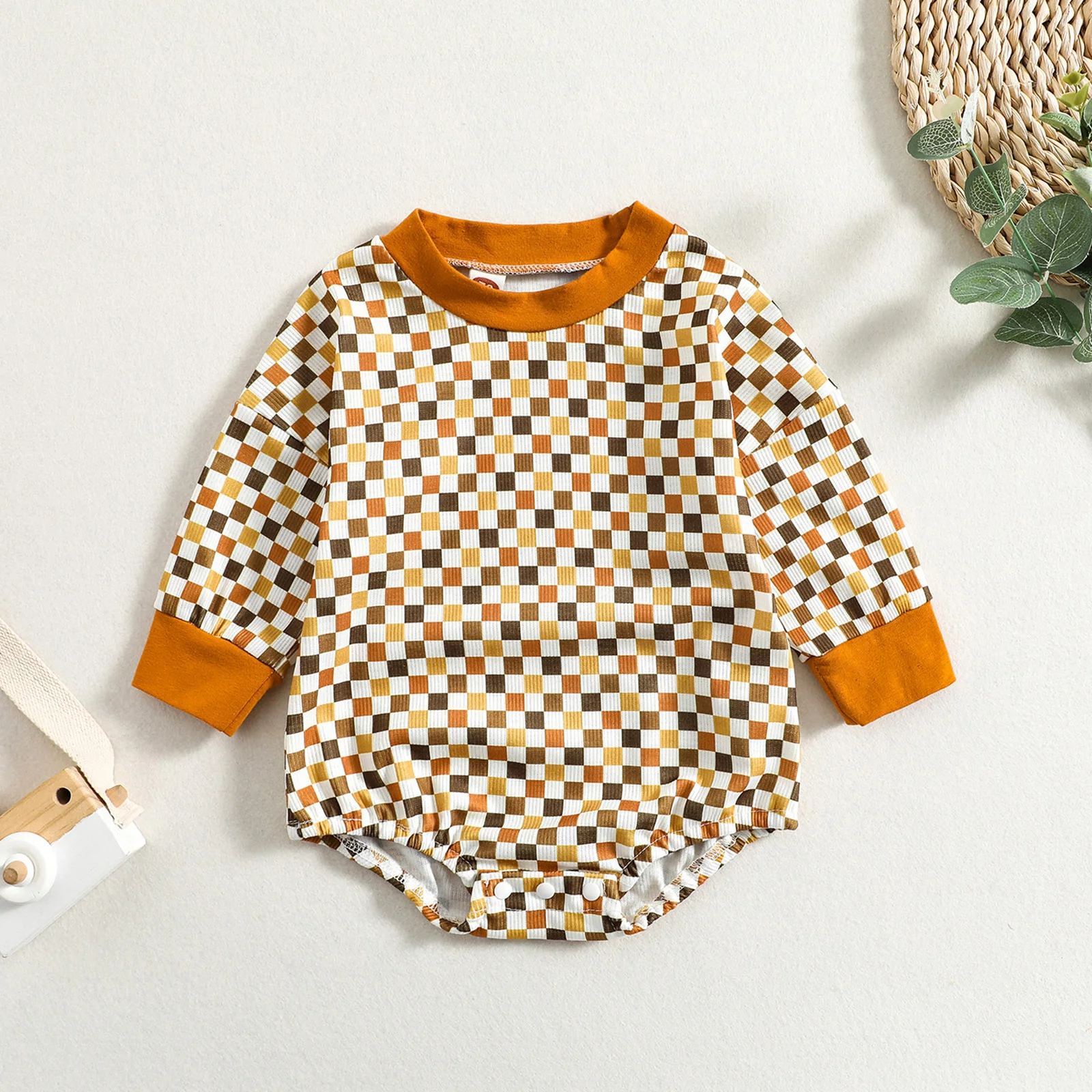 Focusnorm 024m Autumn Baby Boy Girls Sweatshirt Romper Checkerboard