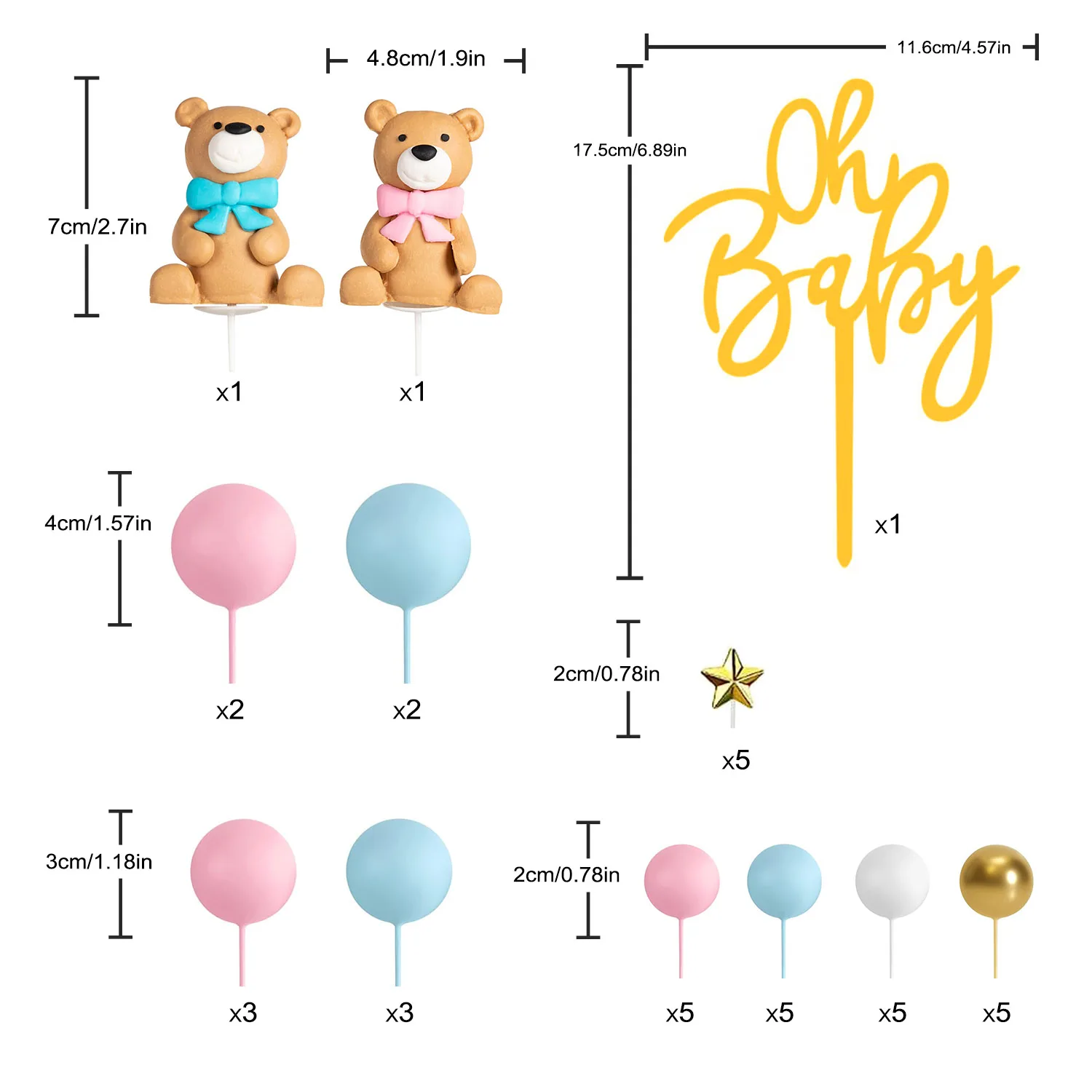 38-Piece Bear Cake Topper Set For Baby Shower & Gender Reveal - 'Oh Baby' Sign, Teddy Bears, Stars, Blue & Pink Balls - View #7
