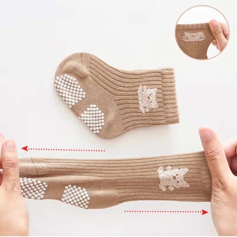 New 3 Pairs/Lot Autumn Winter 0-5Y Baby Boys Girls Non-Skid Embroidery Cartoon Socks Children Pure Cotton Solid Gripper Socks 5