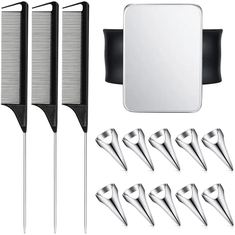 10-teiliges Haarscheitelring-Set mit 3 Flechtkämmen aus Stahl mit Rattenschwanz, magnetischer Handgelenkstift und Auswahlwerkzeugen zum Scheiden und Zöpfen – Detail 7