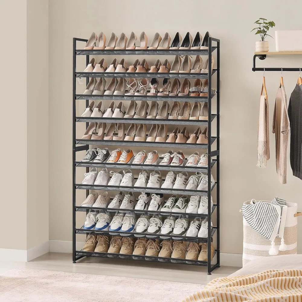 shoe rack, long shoe organizer,max holds 62 pairs,10 tier metal shoe storage shelf,5-tier stackable shoes organizer for garage,