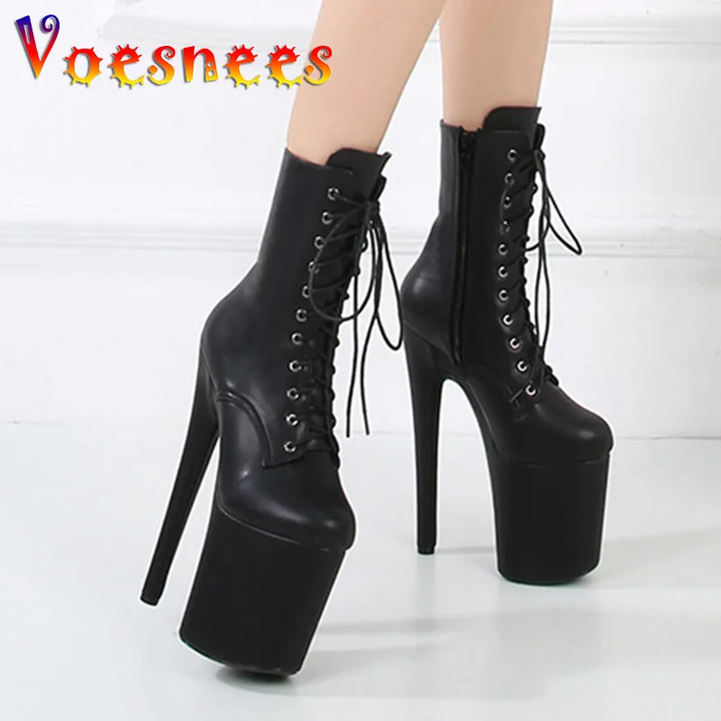 

20CM Super High Heels New Side Zip Women's Pumps Waterproof Platform Fashion Round Toe Ankle Boots 8 Inch Nightclub Model Shoes