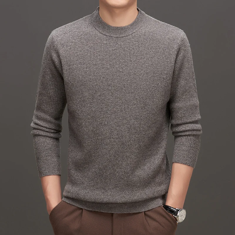 100% Wool Men Sweater Spring Autumn Half-Neck Pullovers Youth Casual Tops Pure Color Cashmere Knitwear Shirt Men Clothing