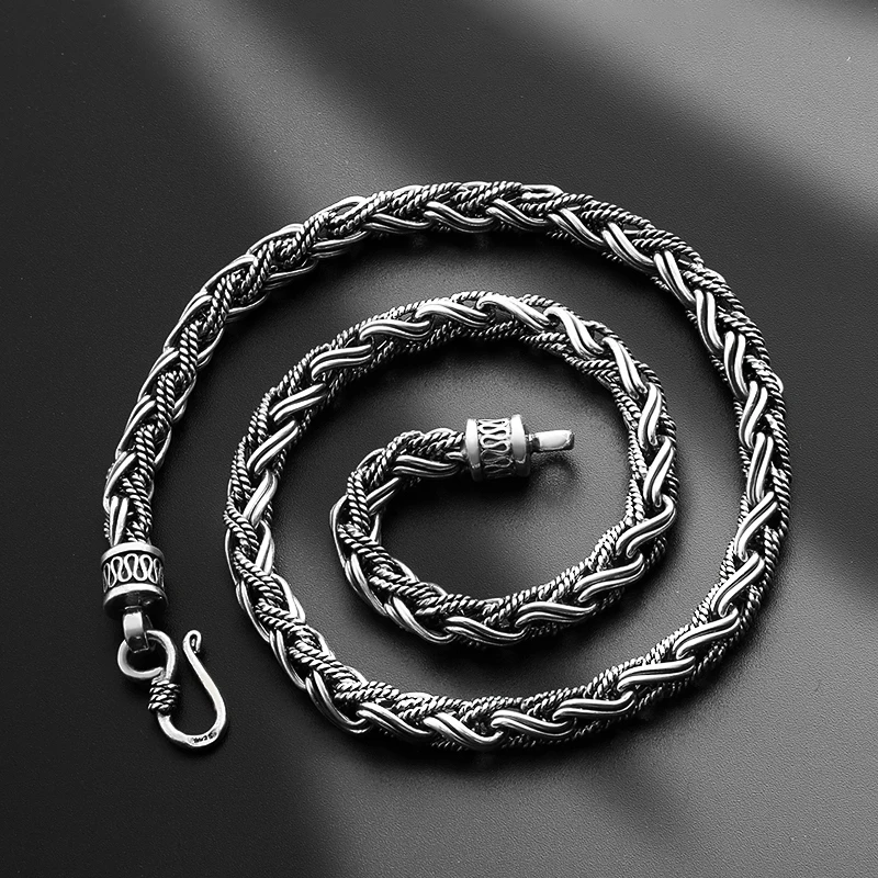 

Real S925 Sterling Silver Chain 6mm Carved Twill Double Twisted Rope Wheat Braided Necklace Men Gift 50cm-65cm