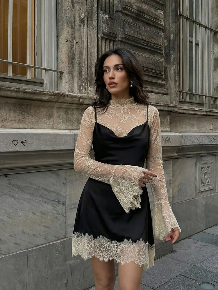 HH Women Elegant Fashion Lace Patchwork Dress Flare Sleeve Slim Mini Dresses 2026 Spring Summer Lady Sexy Party Evening Dress