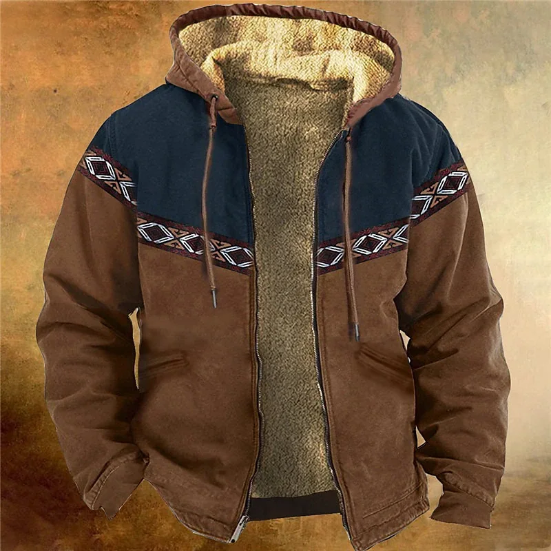 

Winter Jackets Men Zip-up Fleece Male Coat Hoodies Aztec Ethnic Tribe Padding Parka Clothing Windbreaker Sweatshirts Outerwears