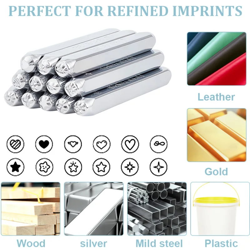 Metal Stamp Punch Set 12pcs 3mm Metal Stamp Punch Set Heart Star Pattern Design For Metal Jewelry Leather and Wood Printing