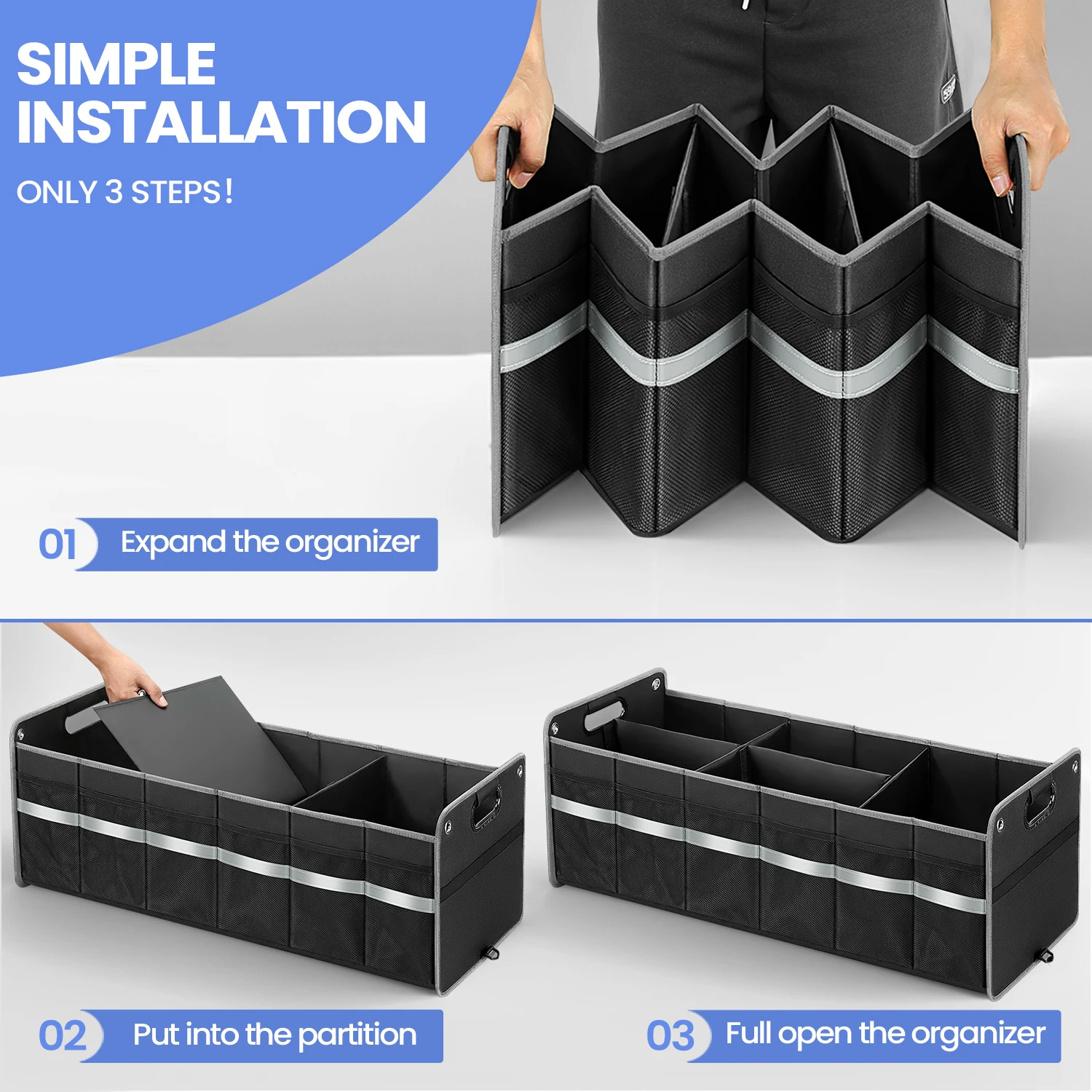 Car Trunk Organizer, Heavy-Duty Polyester Multi-Compartment Storage Box, Waterproof with Reflective Strip, Durable Handles 6
