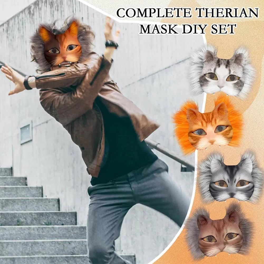 44-Piece DIY Cat Mask Kit - Blank Therian Masks With Paint & Faux Fur For Cosplay