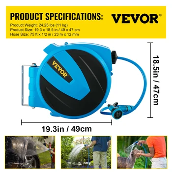 VEVOR 30M Automatic Air Hose Reel Retractable 1/2 inch 100ft Wall Mounted Garden Hose Watering Extendable Telescopic Hose Reel