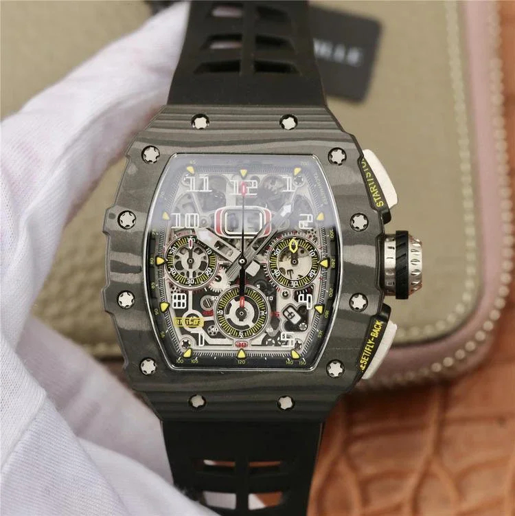 

men Automatic Mechanical watch Black Carbon Fiber Blue Rubber