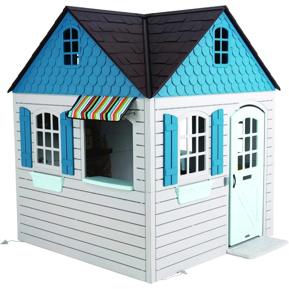 Heavy Duty Plastic Outdoor Playhouse,6ftx6ftx7 ft Tall,Beige & Blue Multipurpose Theater Suitable for courtyards, free shipping 6