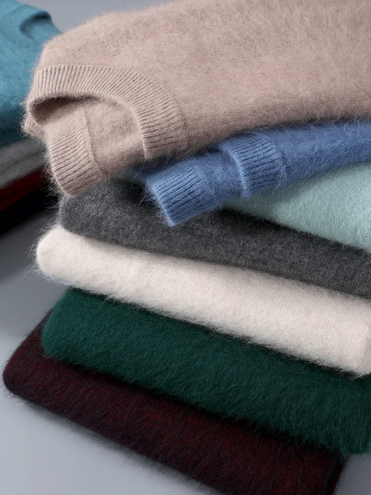 

Men's O-neck Pullovers Sweater 100% Mink Cashmere Casual Basic Long Sleeve Knitwear Solid Soft Male Clothing Tops Autumn Winter