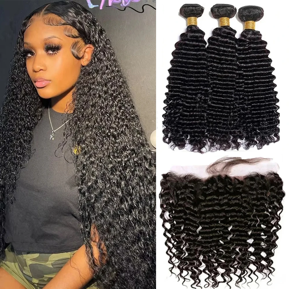 32" Curly Human Hair Bundles With Closure Frontal Deep Wave Bundle With Frontal Transparent Lace Human Hair Weave Extension Deal