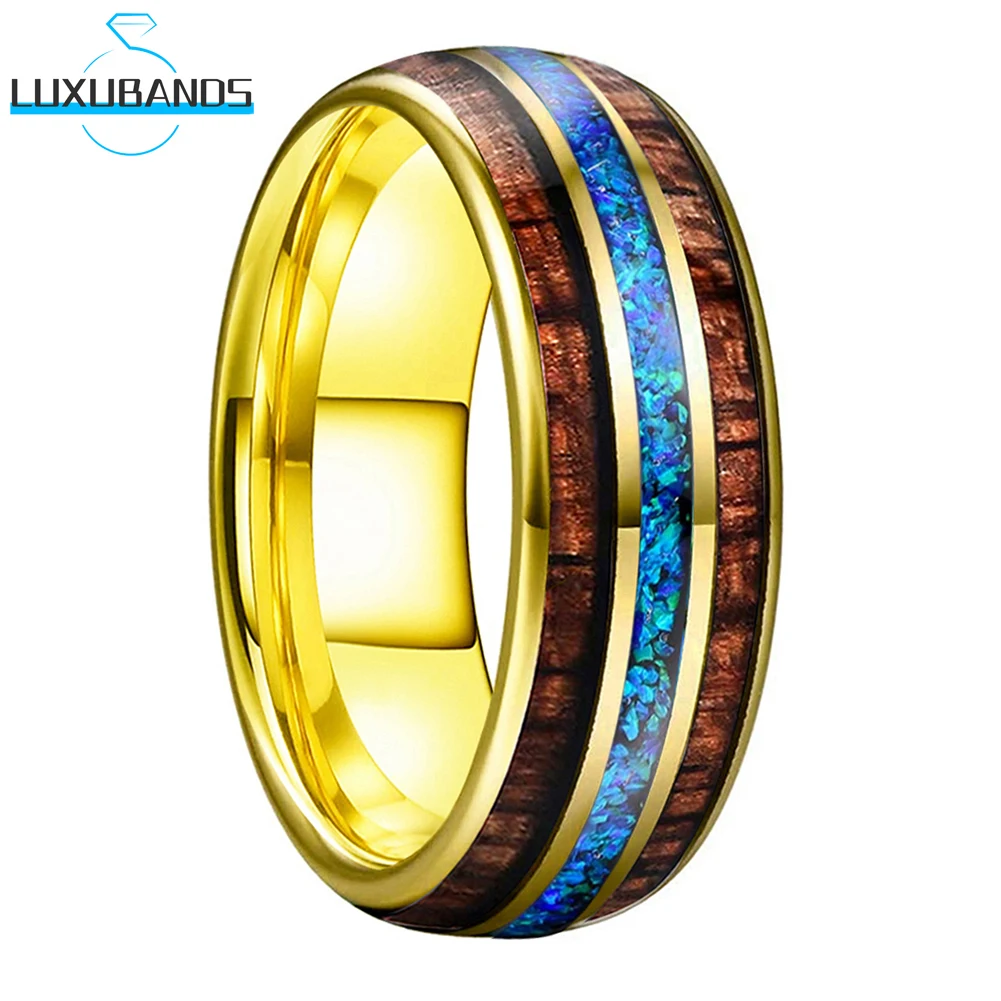 

Tungsten Carbide Wedding Gold Rose Black Ring For Women Men Blue Opal Two Grooved Koa Wood 8mm Inlay Polished Finish Comfort Fit