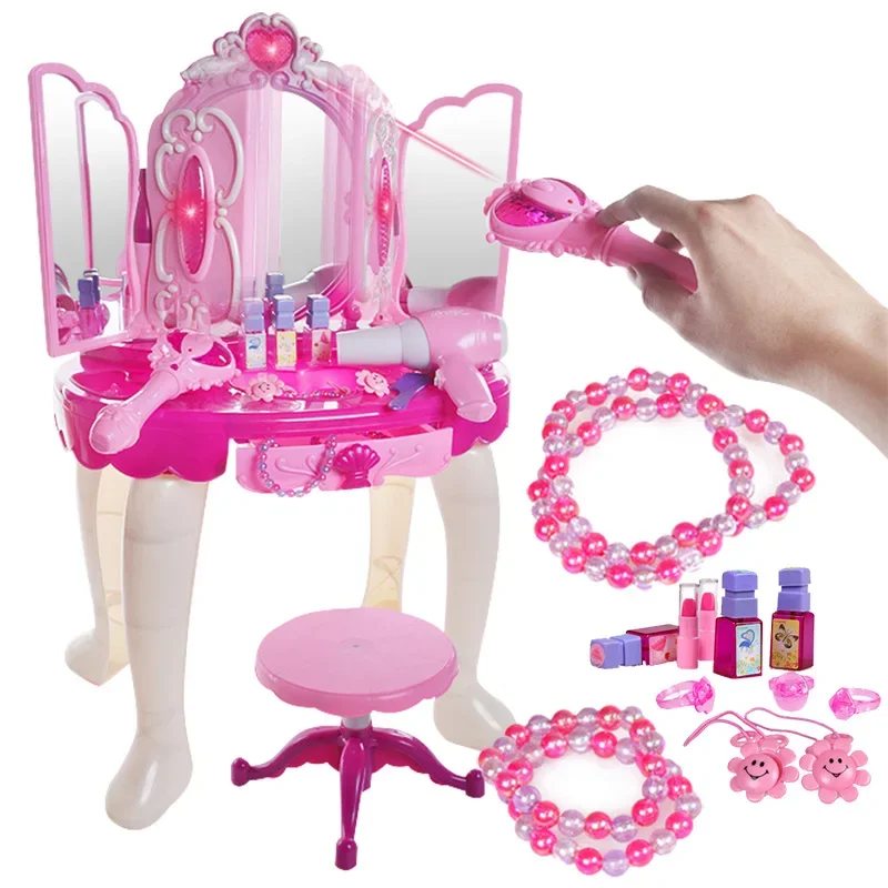 High Quality LED Lights music Kids Cosmetics Dressing table lipstick nail comb hair dryer Play house Interactive Toy baby gift