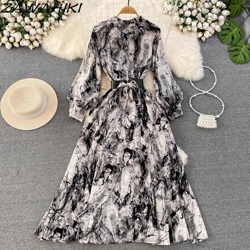 

Elegant Women's Dress Temperament Bandage Vestidos Ink Wash Painting Print Femme Robe Slim Waist Office Lady Casual Ropa Mujer