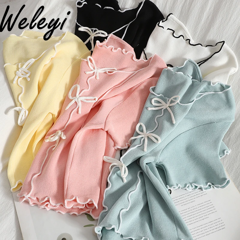 

Woman Sweet Knitted Sweater 2024 Summer Comfortable Versatile Korean Styles Preppy Style Contrast Color Bow Wooden Ear Short Top
