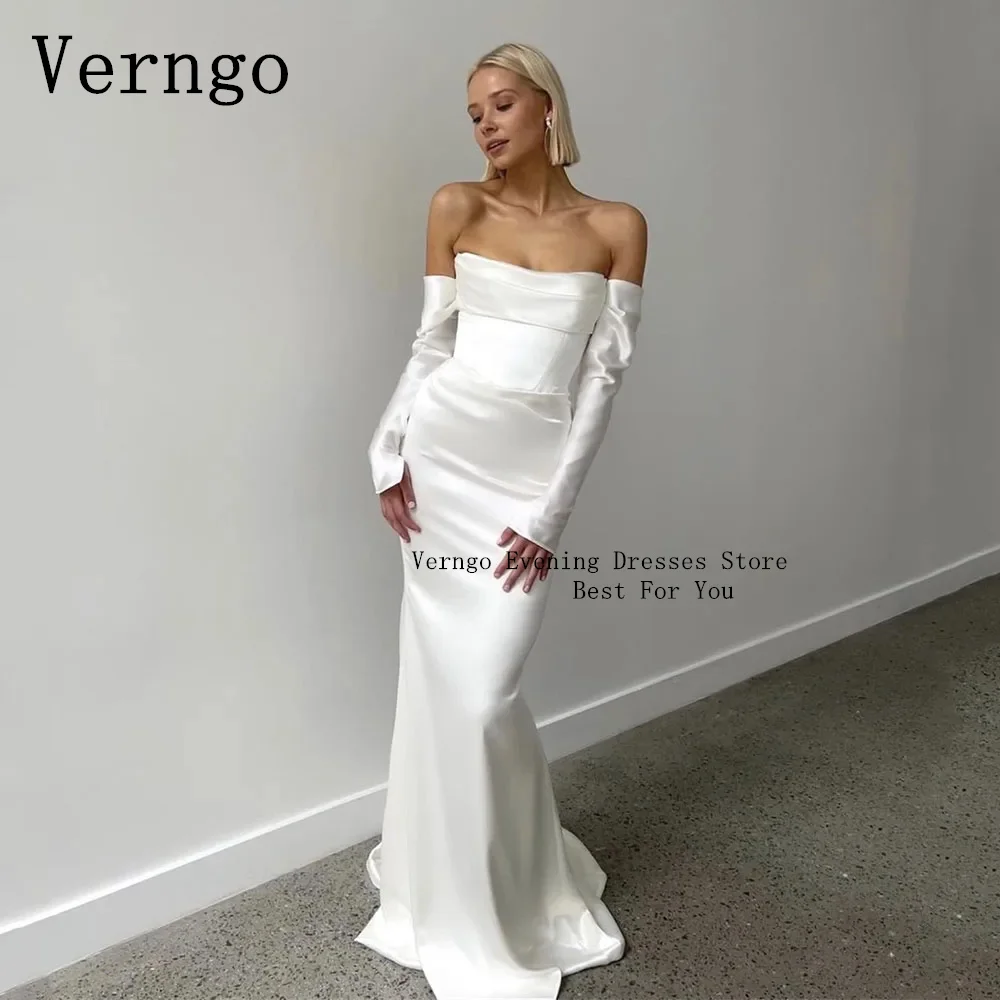 

Verngo White Satin Strapless Prom Gown With Gloves Simple Mermaid Party Dress Formal Occasion Dress Bridal Gown