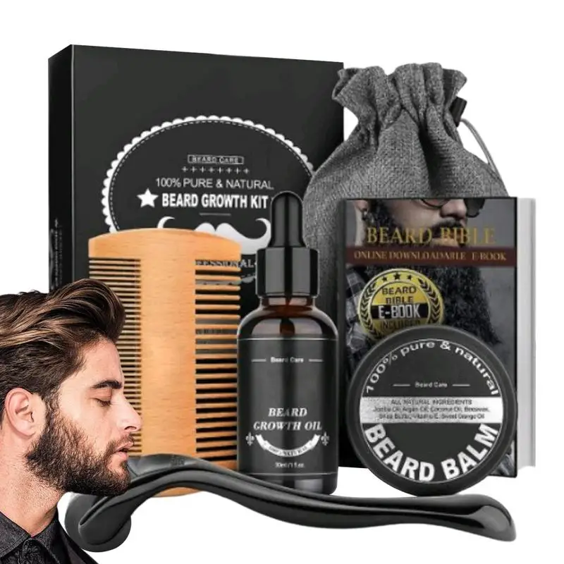 5pcs Beard Growth Kit Hair Growth Enhancer Thicker Oil Nourishing Leave-in Conditioner Beard Growth Solution Beard Cream comb