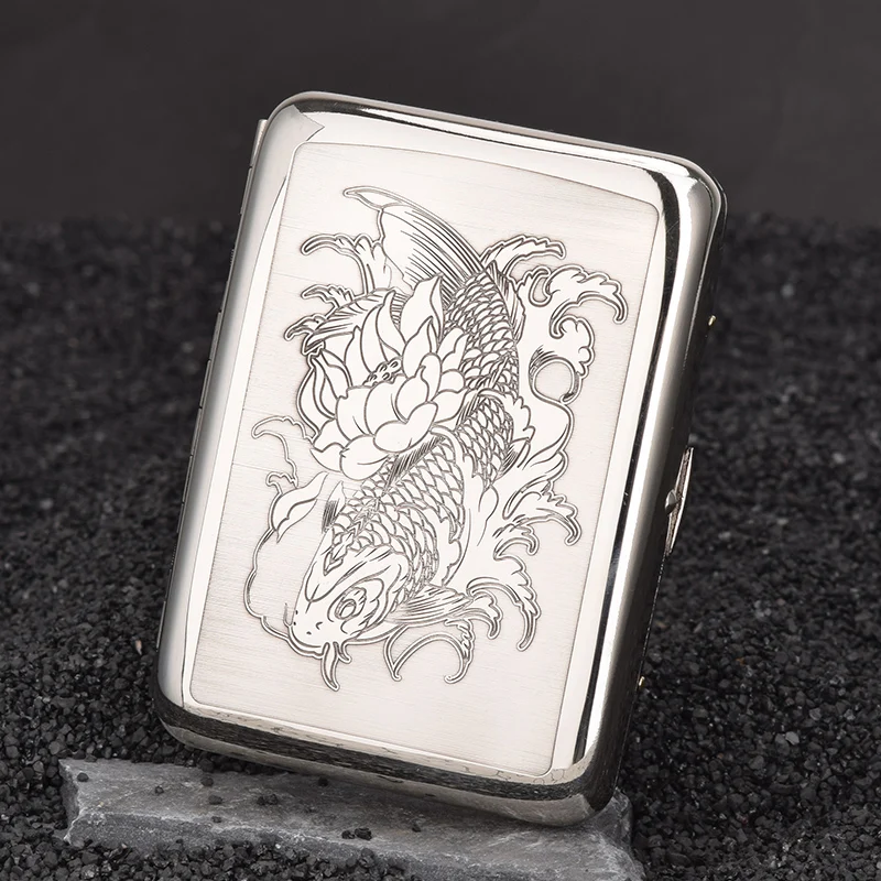dragon cigarette case White Copper Cigarette Case 16 Sticks Double Sided Engraving Flower Fairy  Koi Prajna Heart Sutra Ultra-thin Portable Men's Gift