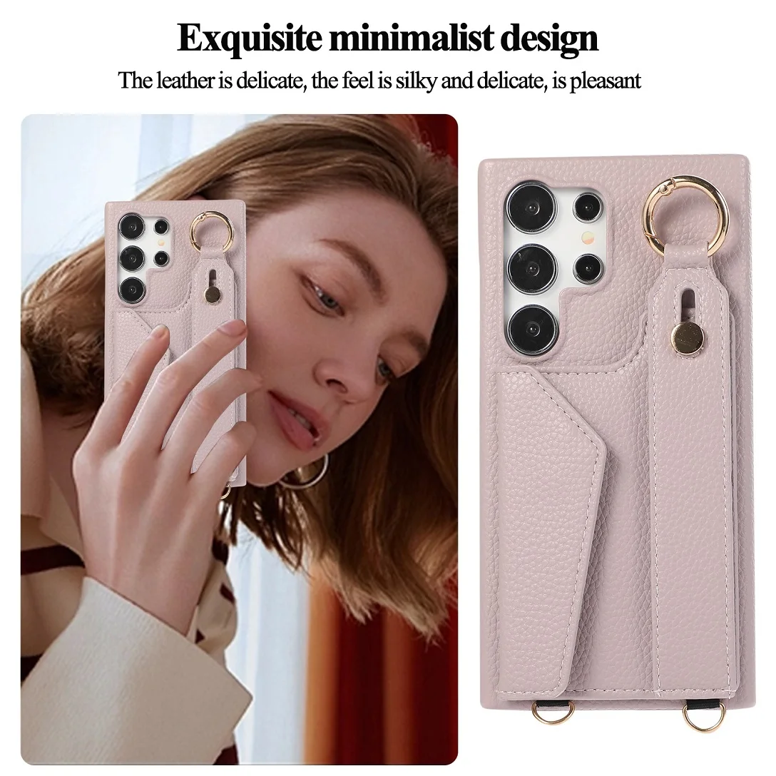 Luxury Shoulder Leather Wallet Case with Card Slot and Hand Strap - Purse Phone Cover