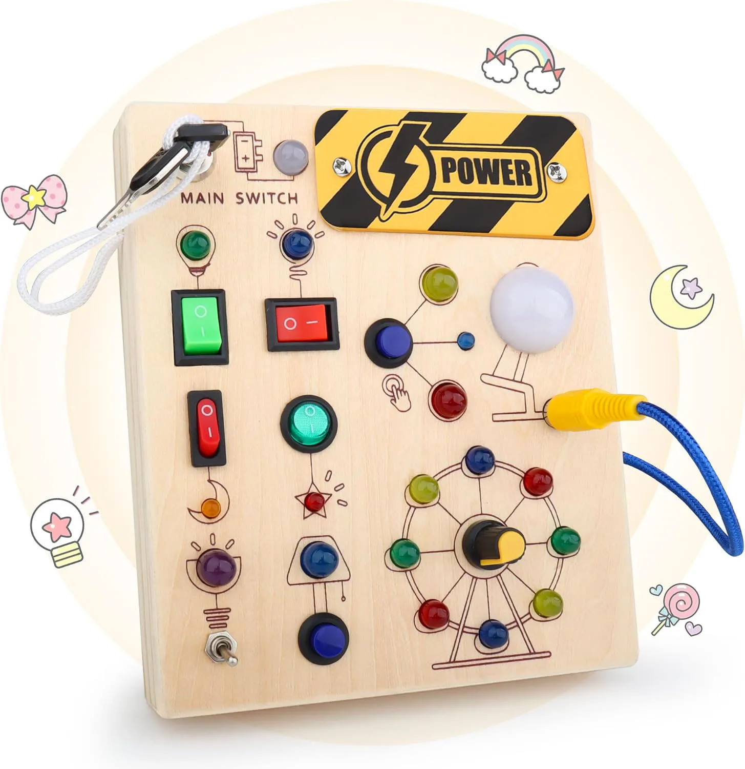 Montessori Toys Wooden Busy Board Switch Toys With Button LED Lights Sensory Travel for Toddler Preschool Learning Activity