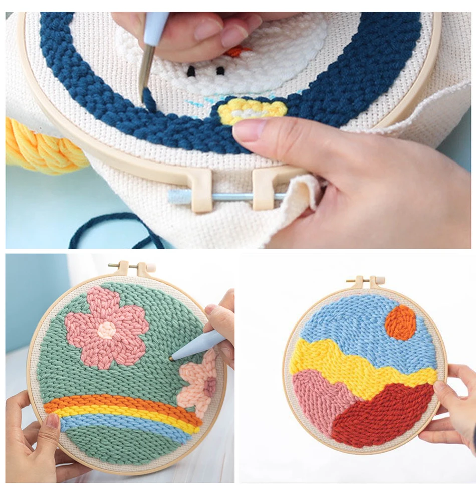 Punch Needle Embroidery Starter Kits Punch Needle Tool Threader Fabric Embroidery Hoop Yarn Rug Landscape 20x20cm