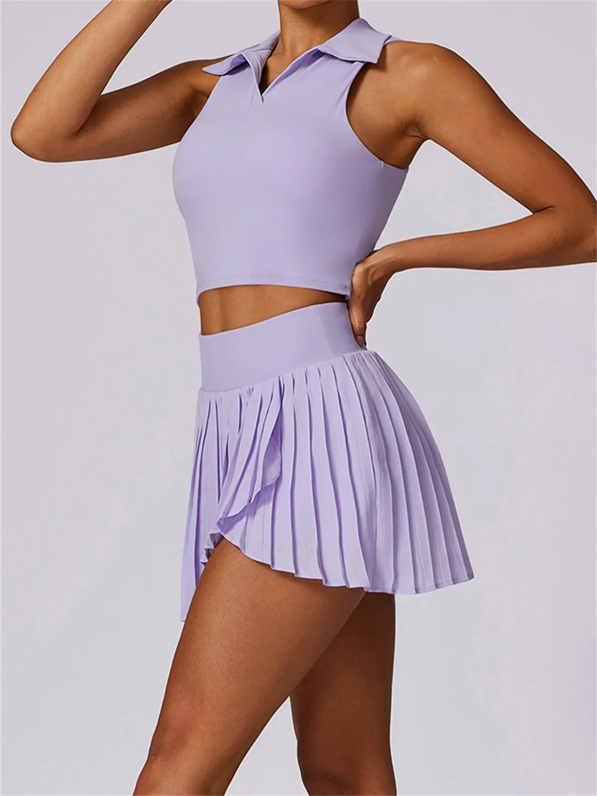Sports Suit Outdoor Breathable Golf Tennis Women Turn Down Collar Sleeveless Top Short 2 in 1 Skirt Running Fitness