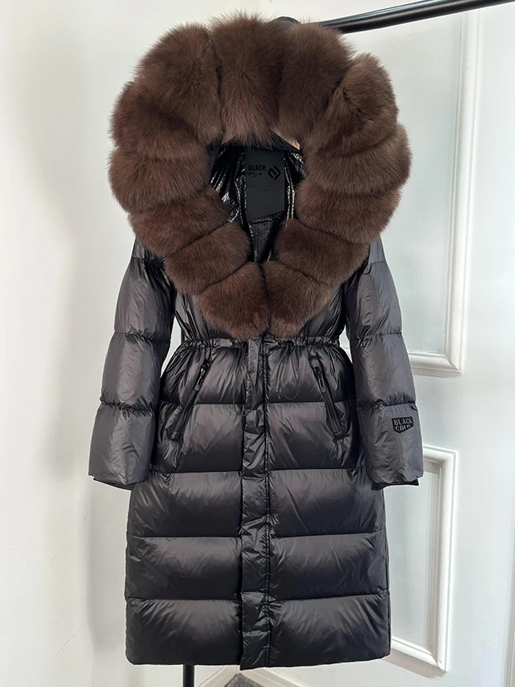 Janveny Thick Glossy Long Puffer Jacket Women Real Fox Fur Hooded 2026 Winter 90% Duck Down Coat Waterproof Female Warm Parkas