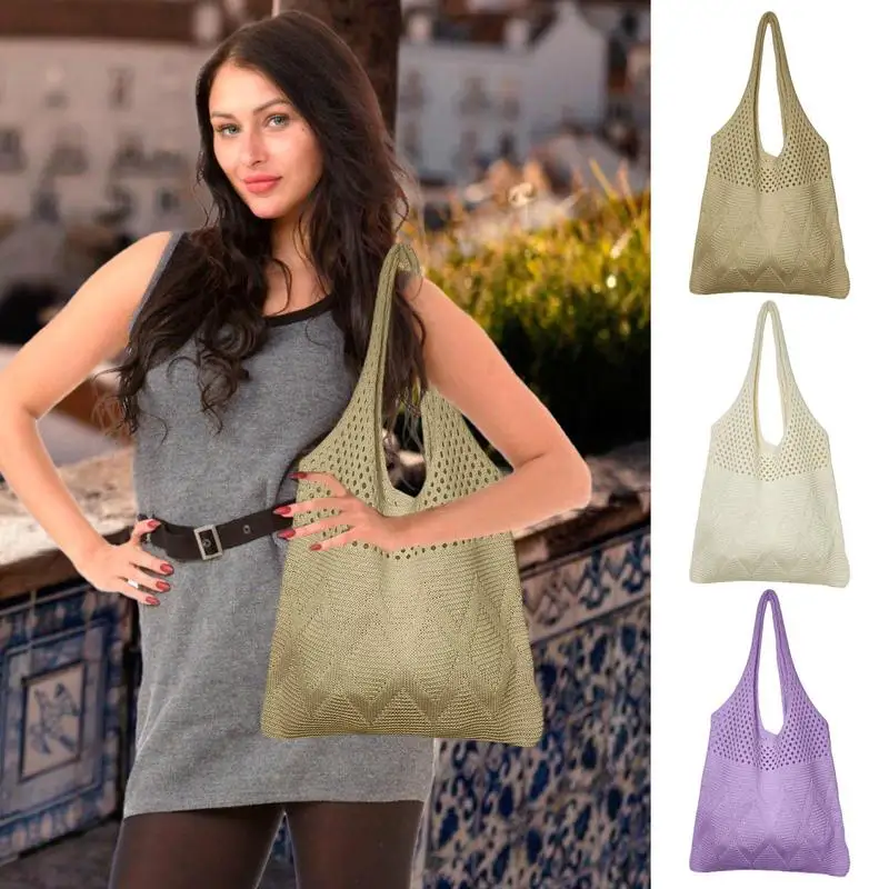 

Shopping Tote Bag For Women Foldable Reusable Knit Hand Crochet Supermarket Shoulder Grocery Bags Travel Storage Organizer