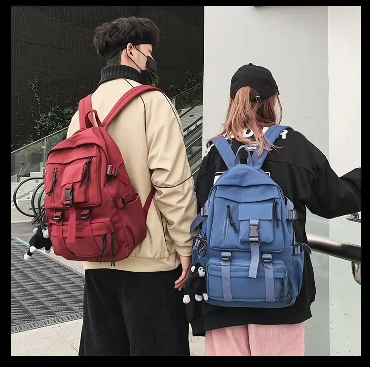 Preppy Style Black Backpack Unisex Women Men Backpack Nylon Waterproof Multi-Pocket Design Mochilas Teenagers Shoulder Bag