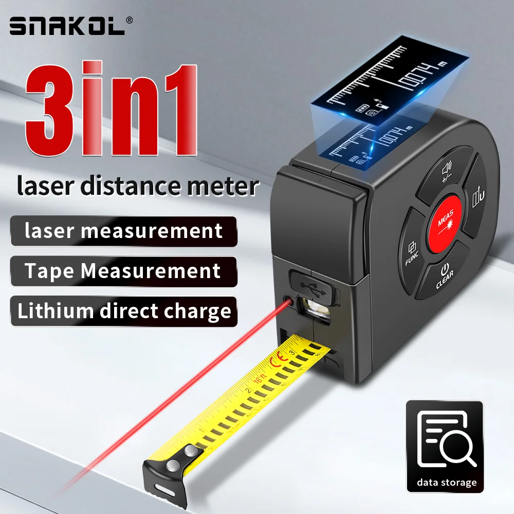 Snakol 120m Laser Rangefinder 3in1 5M Tape Measure Ruler LCD Display Date Storage Distance Meter Measurement Device Building