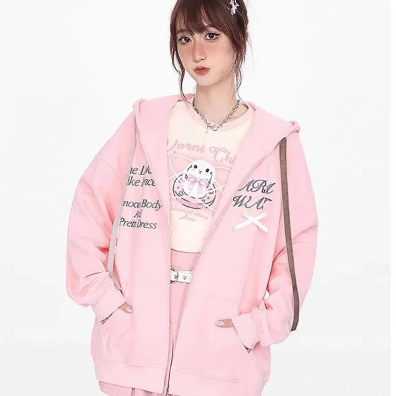 

Korean Style Pink Y2k Zip Up Hoodies Kawaii Cat Ears New Sweater Woman Winter Sweatshirt Warm Thicken Oversize Long Sleeve Tops