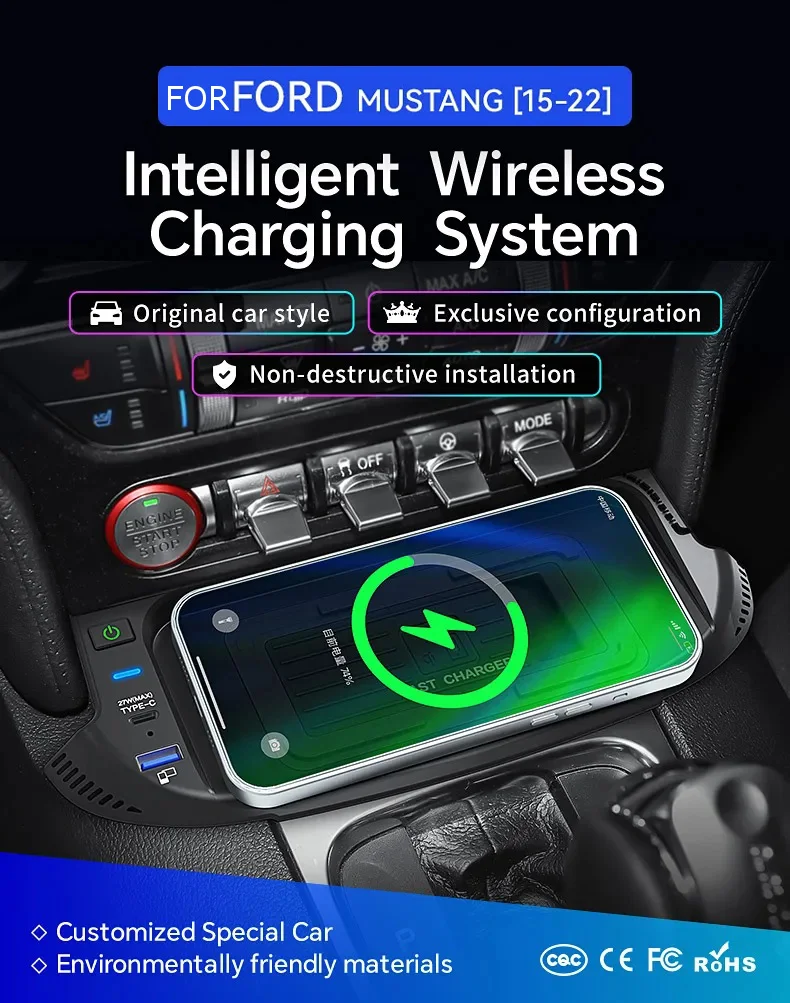 For Ford Mustang 2015-2022 Car Wireless Fast Charger QI Phone Charging Pad Holder 15W Full Power Output Wireless+USB 27W WIRED detail image 1
