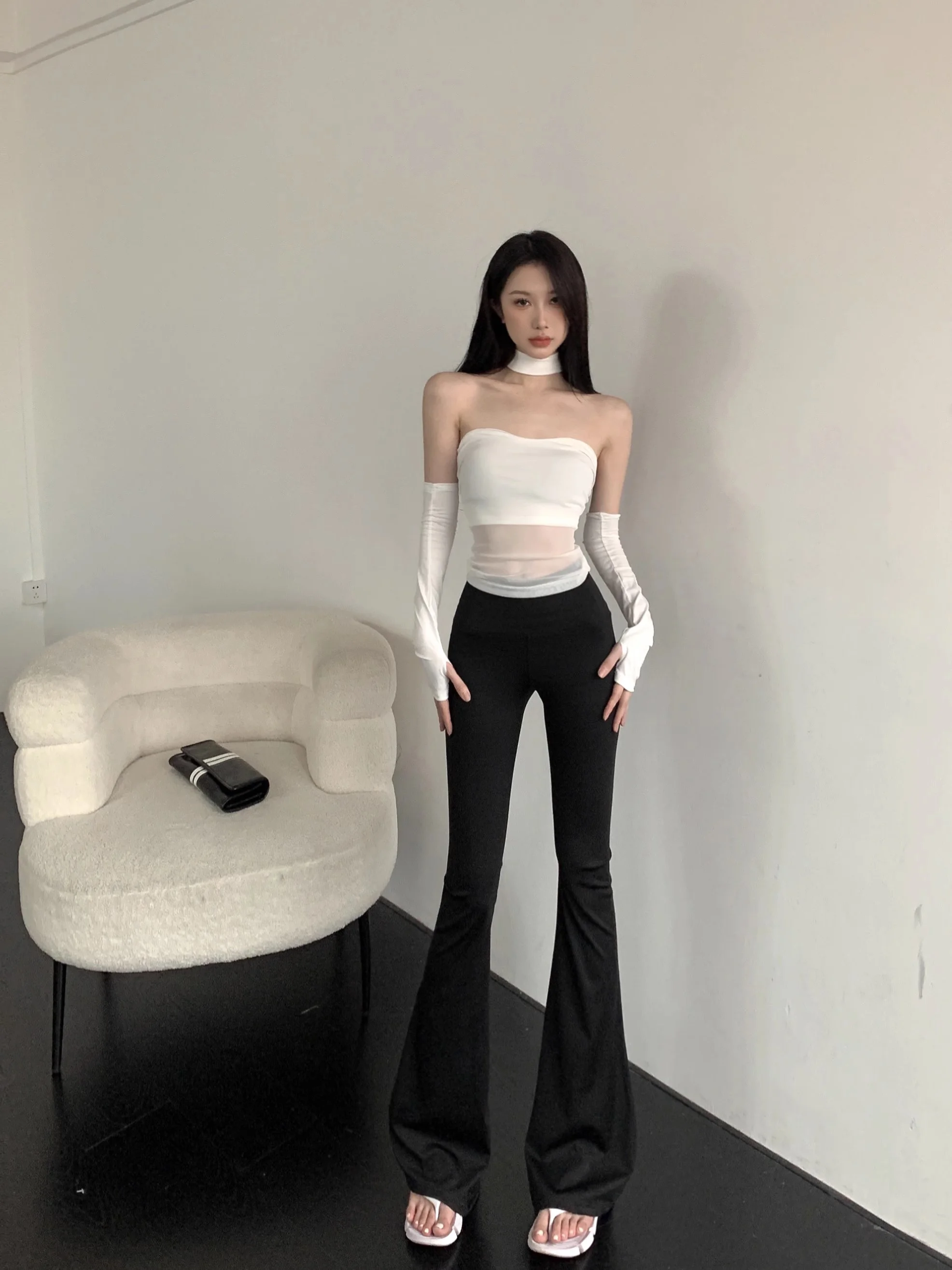 Women High Waist Pants Mesh Splice Bra Sleeve Vest Women's Summer Sexy Tight Wrap Chest Inner Crop Top Outer Wear new fashion fuchsia mesh pleated design bandage dress with gloves sexy chest wrapping tight fashion party club dress vestidos
