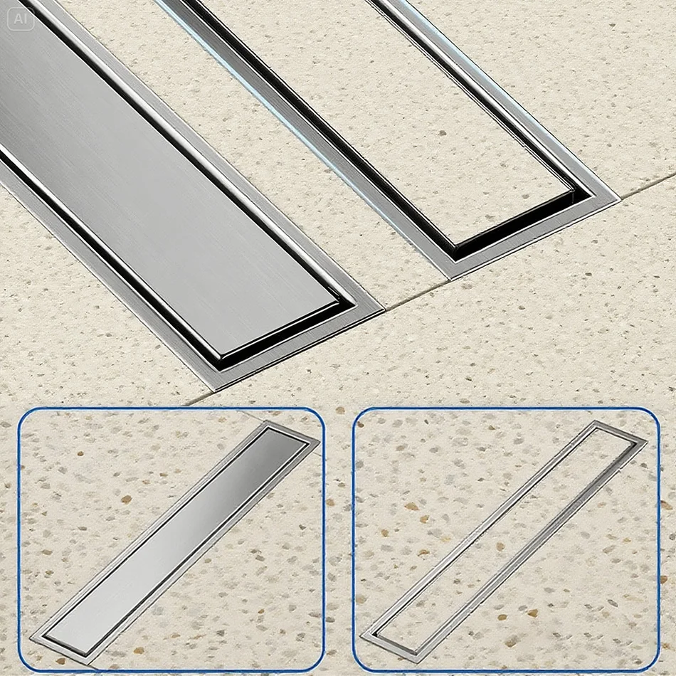 ที่มองไม่เห็นกระเบื้องท่อระบายน้ําชั้นสีดําแปรงทองเงิน 304 สแตนเลสห้องน้ํายาว Linear ระบายน้ําด้านข้างท่อระบายน้ําชั้น 1