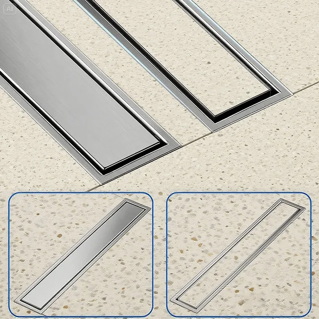 ที่มองไม่เห็นกระเบื้องท่อระบายน้ําชั้นสีดําแปรงทองเงิน 304 สแตนเลสห้องน้ํายาว Linear ระบายน้ําด้านข้างท่อระบายน้ําชั้น 1