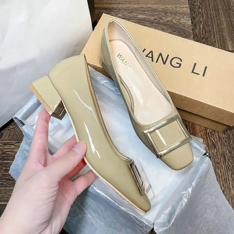 Flats Women's Shoes Patent Leather Square Buckle Shoes Autumn New Ladies Shallow Mouth Square Toe Flat Shoes Office Plus size 42 2