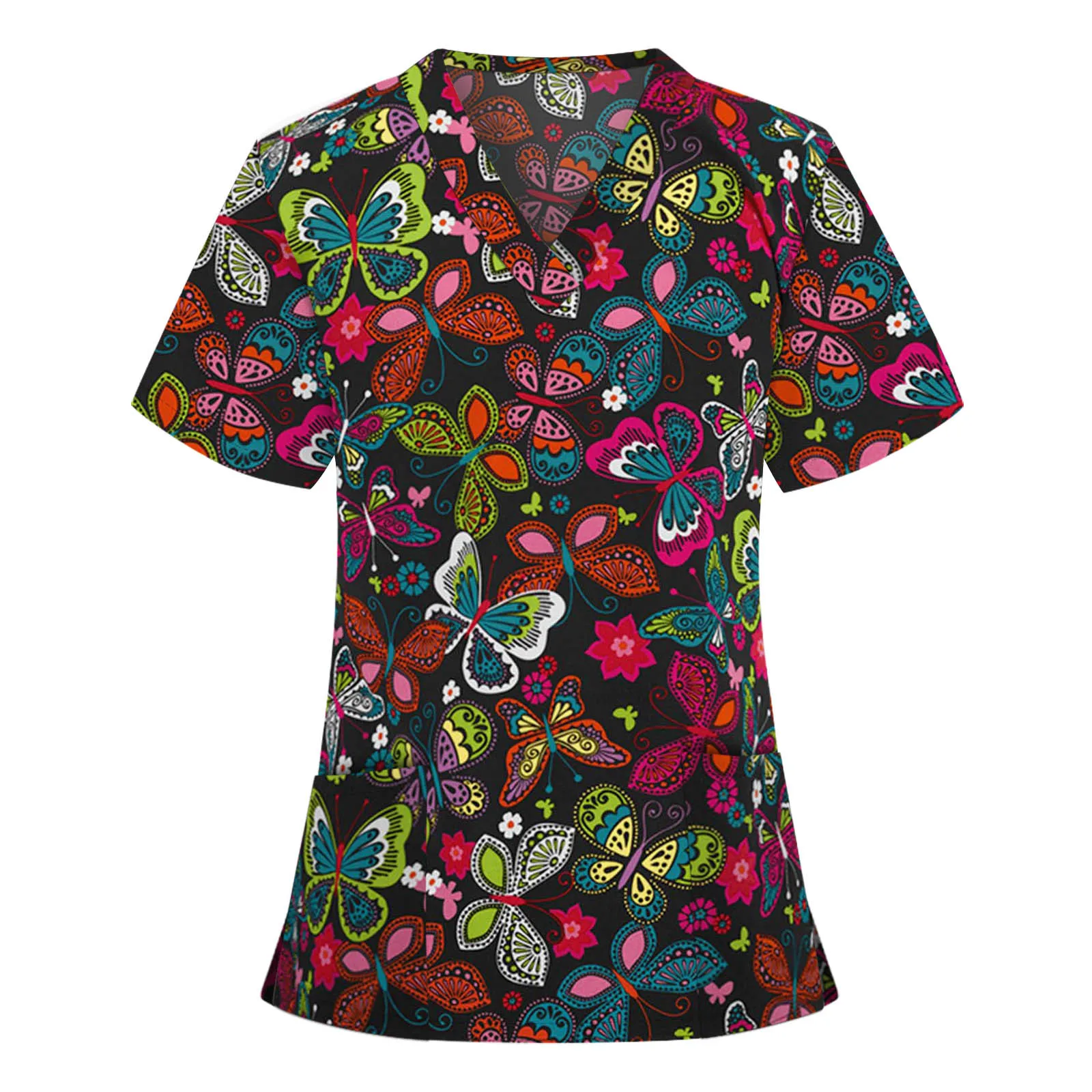 Pflegeuniform für Frauen, prägnanter Schmetterlingsdruck, Tierarzt, Medico-Tops, Sommer, V-Ausschnitt, kurze Ärmel, T-Shirt, Gesundheitswesen, Peeling, medizinische Frau – Detail 8