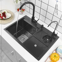 Black Nano Washer Kitchen Sink Stainless Steel Multi-Function with Trash Can Hidden Single-Slot Bar with Cover Plate Wash Basin 1